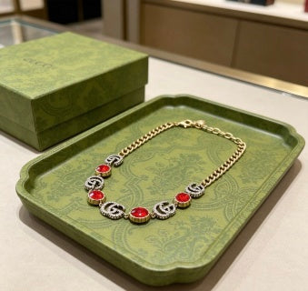 Gucci Interlocking G Red Enamel Charm Necklace