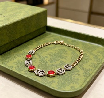Gucci Interlocking G Red Enamel Charm Necklace