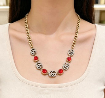 Gucci Interlocking G Red Enamel Charm Necklace