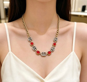 Gucci Interlocking G Red Enamel Charm Necklace