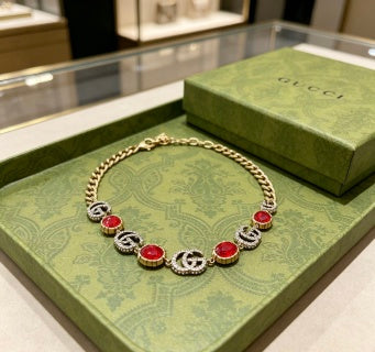 Gucci Interlocking G Red Enamel Charm Necklace
