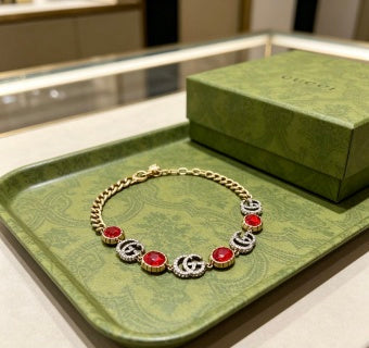 Gucci Interlocking G Red Enamel Charm Necklace