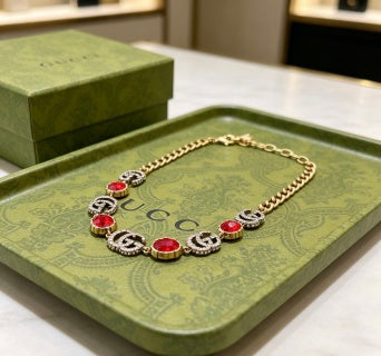 Gucci Interlocking G Red Enamel Charm Necklace