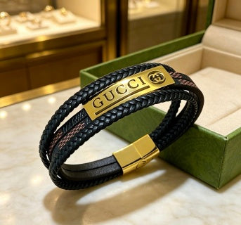 Gucci Double Layer Braided Leather Logo Bracelet