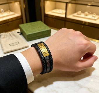Gucci Double Layer Braided Leather Logo Bracelet