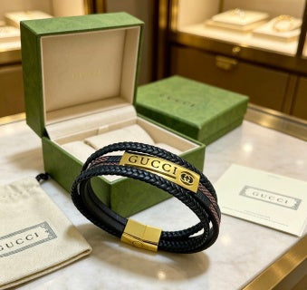 Gucci Double Layer Braided Leather Logo Bracelet