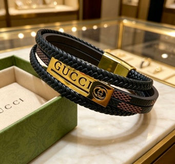 Gucci Double Layer Braided Leather Logo Bracelet