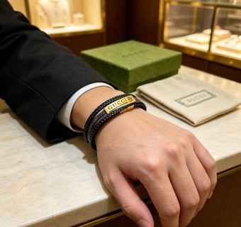 Gucci Double Layer Braided Leather Logo Bracelet