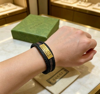 Gucci Double Layer Braided Leather Logo Bracelet
