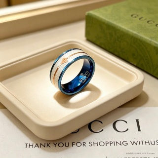 Gucci GG Blue Ceramic Silver Edge Band Ring