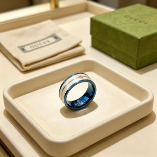 Gucci GG Blue Ceramic Silver Edge Band Ring