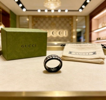 Gucci GG Black Ceramic Crystal Stripe Band Ring