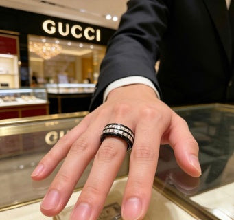 Gucci GG Black Ceramic Crystal Stripe Band Ring
