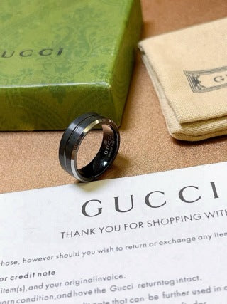 Gucci GG Black Ceramic Silver Edge Band Ring