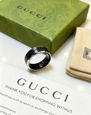 Gucci GG Black Ceramic Silver Edge Band Ring