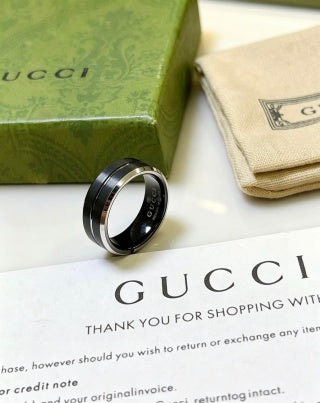 Gucci GG Black Ceramic Silver Edge Band Ring