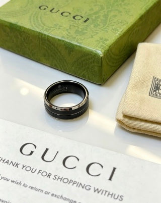 Gucci GG Black Ceramic Silver Edge Band Ring