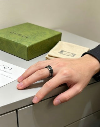 Gucci GG Black Ceramic Silver Edge Band Ring