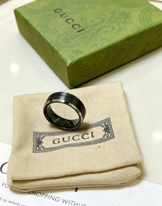 Gucci GG Black Ceramic Silver Edge Band Ring