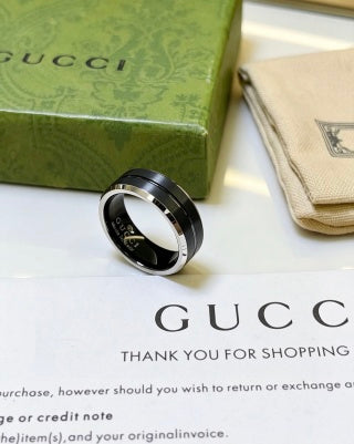 Gucci GG Black Ceramic Silver Edge Band Ring