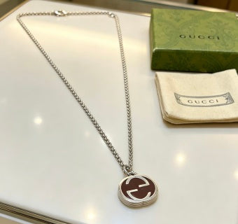Gucci GG Oval Enamel Medallion Silver Necklace