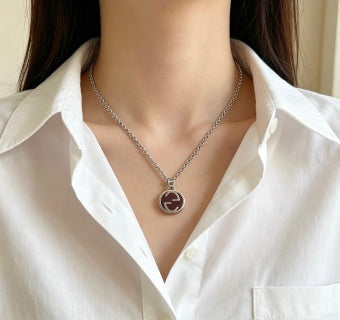 Gucci GG Oval Enamel Medallion Silver Necklace