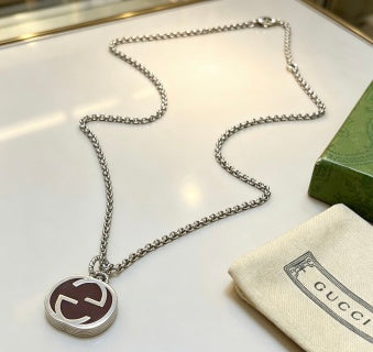 Gucci GG Oval Enamel Medallion Silver Necklace