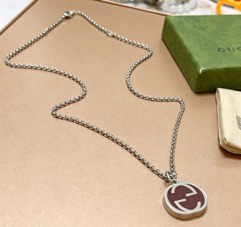 Gucci GG Oval Enamel Medallion Silver Necklace