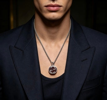 Gucci GG Oval Enamel Medallion Silver Necklace