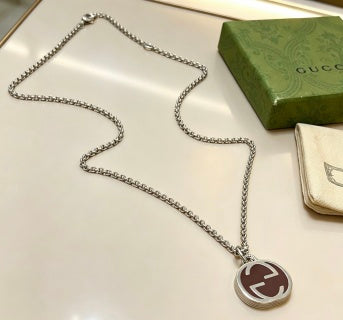 Gucci GG Oval Enamel Medallion Silver Necklace