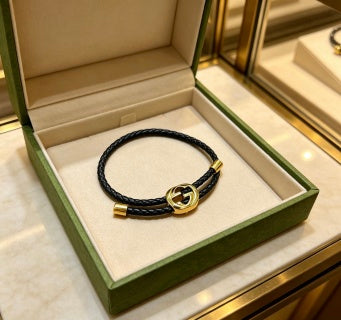 Gucci GG Circle Leather Cord Black Bracelet