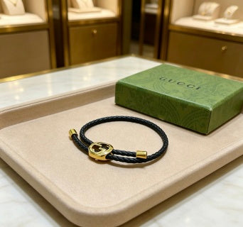 Gucci GG Circle Leather Cord Black Bracelet