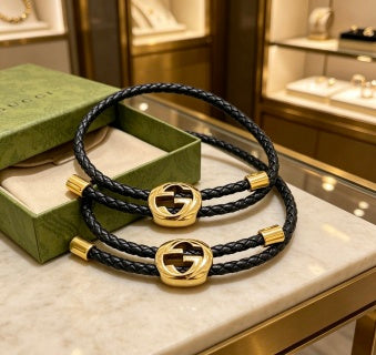 Gucci GG Circle Leather Cord Black Bracelet