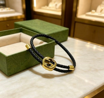 Gucci GG Circle Leather Cord Black Bracelet