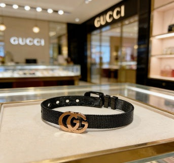 Gucci GG Interlocking Logo Black Leather Bracelet