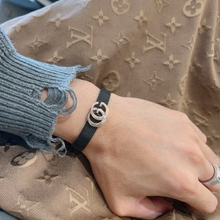 Gucci GG Interlocking Logo Black Leather Bracelet