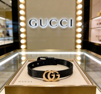 Gucci GG Interlocking Logo Black Leather Bracelet