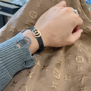 Gucci GG Interlocking Logo Black Leather Bracelet