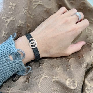 Gucci GG Interlocking Logo Black Leather Bracelet