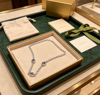 Gucci GG Crystal Link Silver Chain Necklace