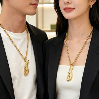 Gucci GG Ribbed Drop Pendant Gold Chain Necklace