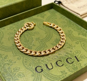 Gucci GG Crystal Pave Chain Link Gold Bracelet