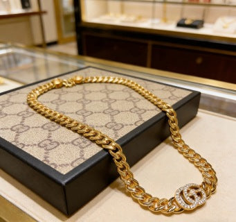 Gucci GG Crystal Interlocking Pendant Gold Chain Necklace
