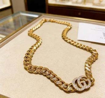 Gucci GG Crystal Interlocking Pendant Gold Chain Necklace