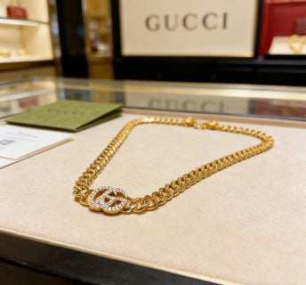 Gucci GG Crystal Interlocking Pendant Gold Chain Necklace