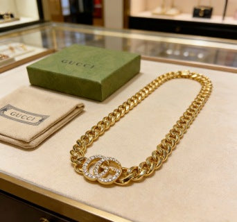 Gucci GG Crystal Interlocking Pendant Gold Chain Necklace