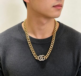 Gucci GG Crystal Interlocking Pendant Gold Chain Necklace