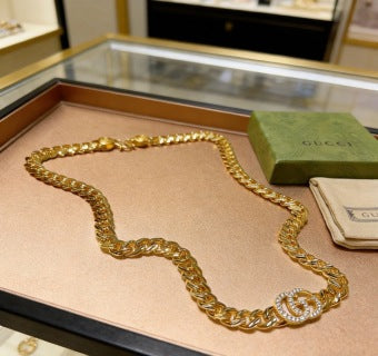Gucci GG Crystal Interlocking Pendant Gold Chain Necklace