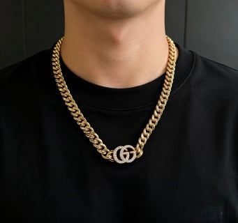 Gucci GG Crystal Interlocking Pendant Gold Chain Necklace