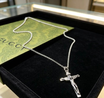 Gucci Cross Emblem Silver Pendant Chain Necklace